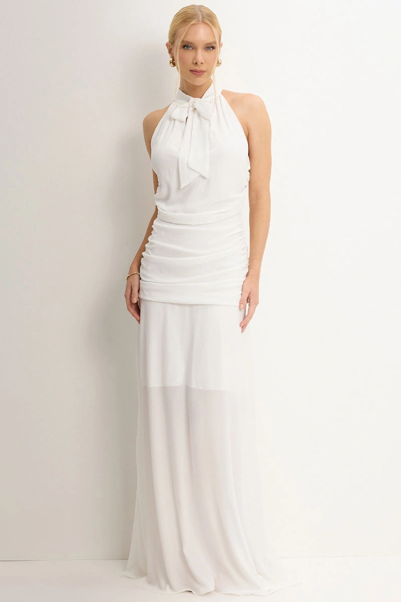 Miss Misses - Linik Long Dress in Draped Crepe with Zipper Back, Off White - 54727030