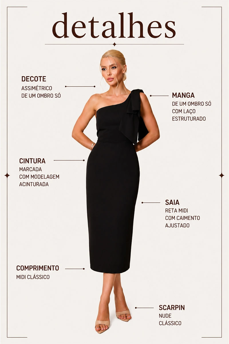 Miss Misses - Vestido Midi Samanta Um Ombro Só com Laço Estruturado Preto - 54729001