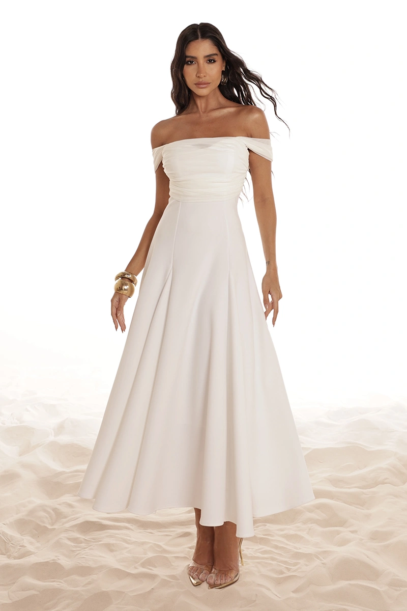 Dot Clothing - Vestido Dot Clothing Marina Saia Evasê C/ Tule Off White - 2918OFF