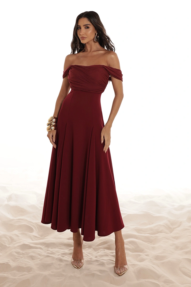 Dot Clothing - Vestido Dot Clothing Marina Saia Evasê C/ Tule Marsala - 2918VERM