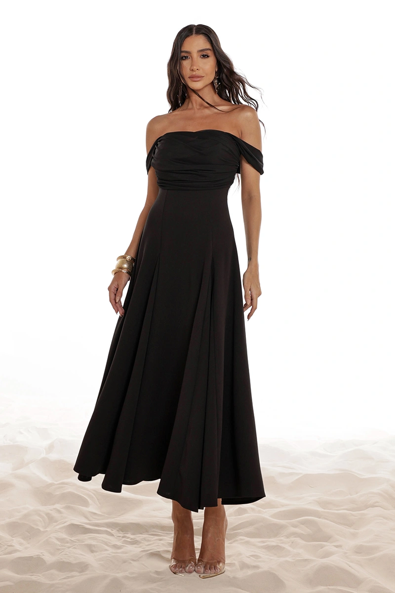 Dot Clothing - Vestido Dot Clothing Marina Saia Evasê C/ Tule Preto - 2918PRETO