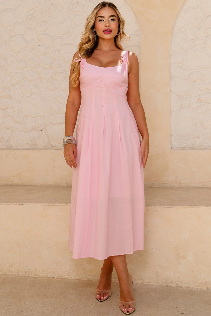 Miss Misses - Ornela Dress with Pleats and Bow Detail on the Strap, Pink - 54741060