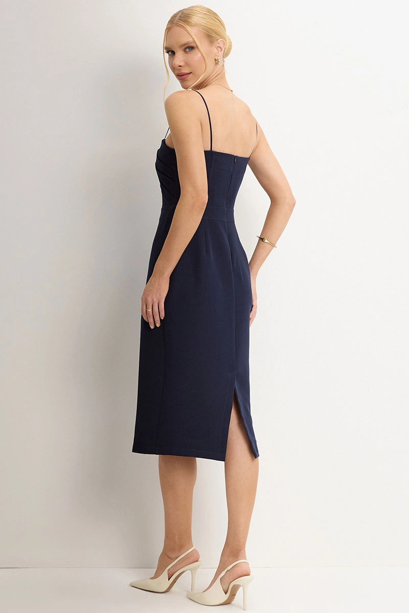 Miss Misses - Juliana Sheath Dress with Pleats in Navy Blue - 54448004