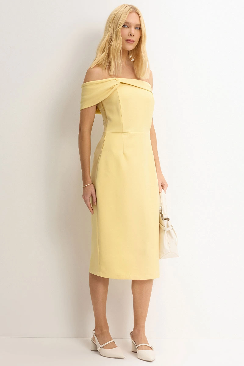 Miss Misses - Miss Misses TQC Midi Dress with Asymmetrical Detail, Yellow - 54343003