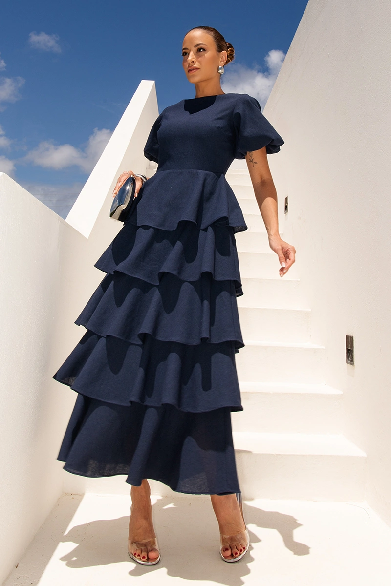 Dot Clothing - Dress Dot Clothing Daniela Midi Frill Puff Sleeve Blue - 2928AZUL