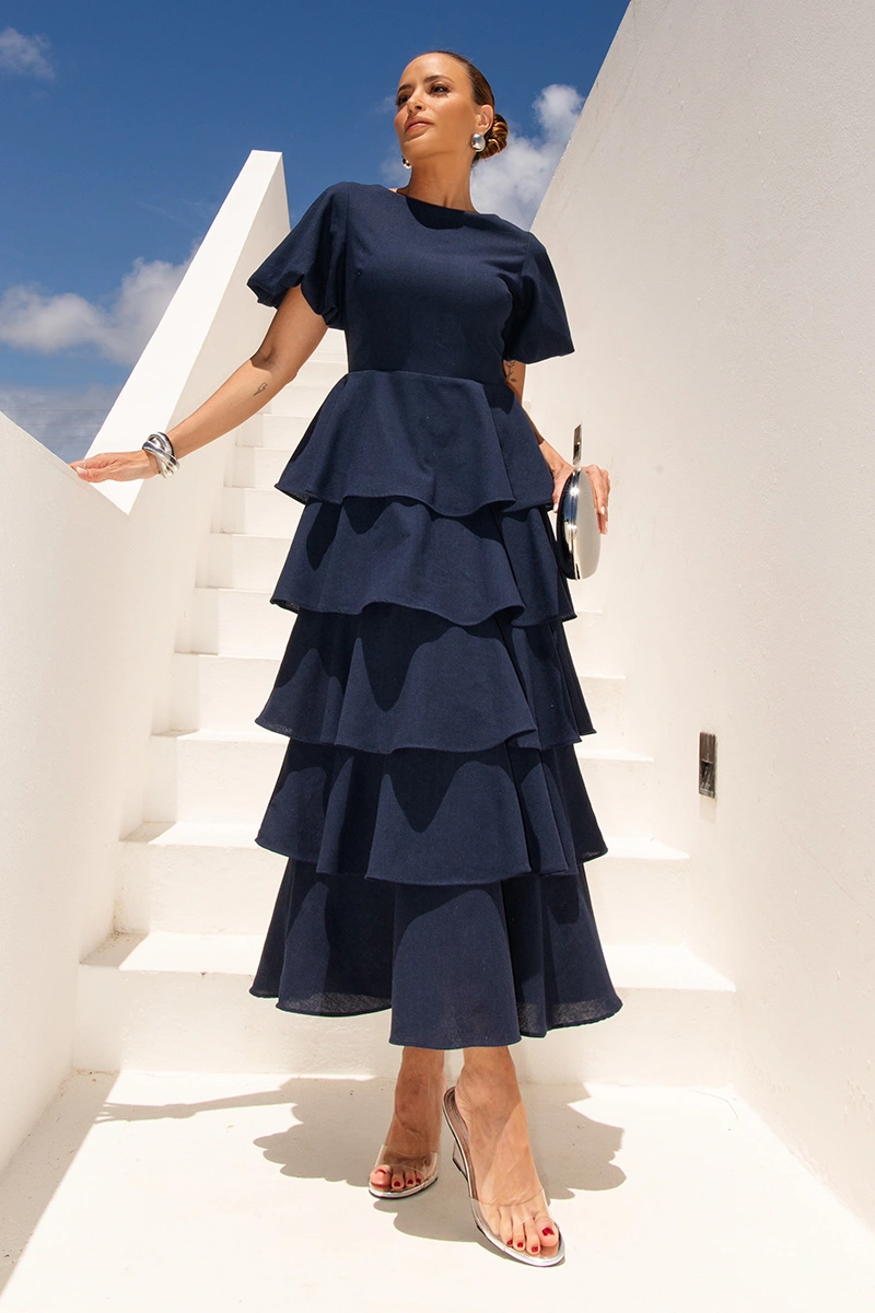 Dot Clothing - Vestido Dot Clothing Daniela Midi Babado Manga Bufante Azul - 2928AZUL