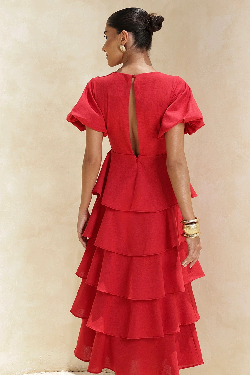 Dot Clothing - Dress Dot Clothing Daniela Midi Frill Puff Sleeve Red - 2928VERM