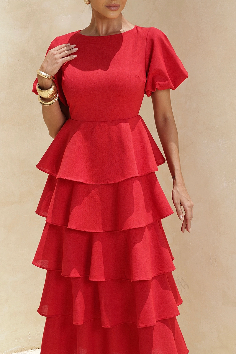 Dot Clothing - Dress Dot Clothing Daniela Midi Frill Puff Sleeve Red - 2928VERM