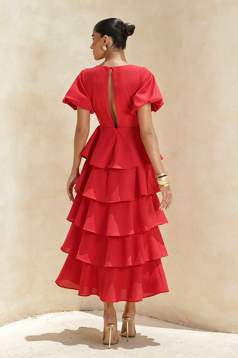 Dot Clothing - Dress Dot Clothing Daniela Midi Frill Puff Sleeve Red - 2928VERM