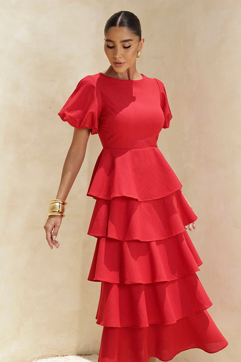 Dot Clothing - Dress Dot Clothing Daniela Midi Frill Puff Sleeve Red - 2928VERM