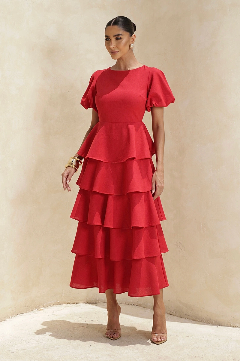 Dot Clothing - Vestido Dot Clothing Daniela Midi Babado Manga Bufante Vermelho - 2928VERM