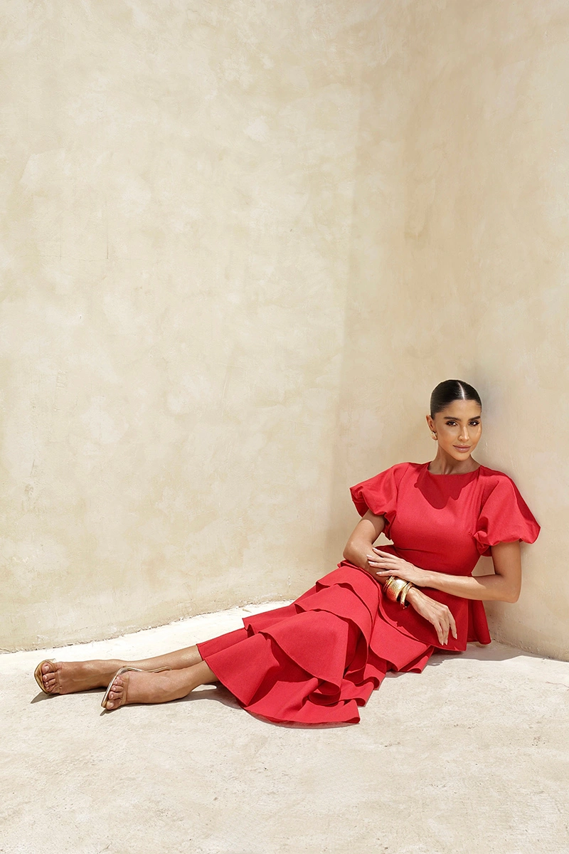 Dot Clothing - Dress Dot Clothing Daniela Midi Frill Puff Sleeve Red - 2928VERM