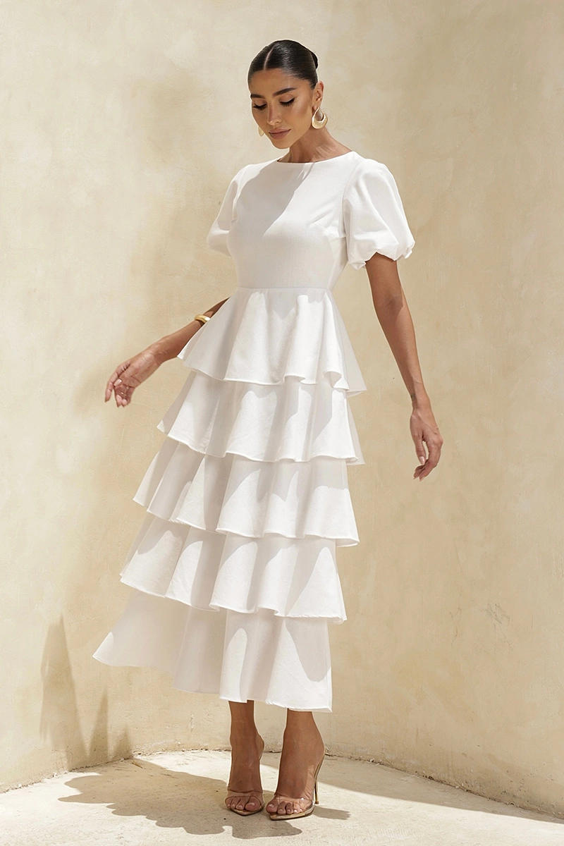 Dot Clothing - Dress Dot Clothing Daniela Midi frill Puff Sleeve Off White - 2928OFF