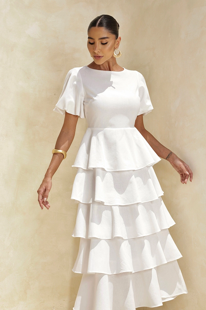 Dot Clothing - Dress Dot Clothing Daniela Midi frill Puff Sleeve Off White - 2928OFF