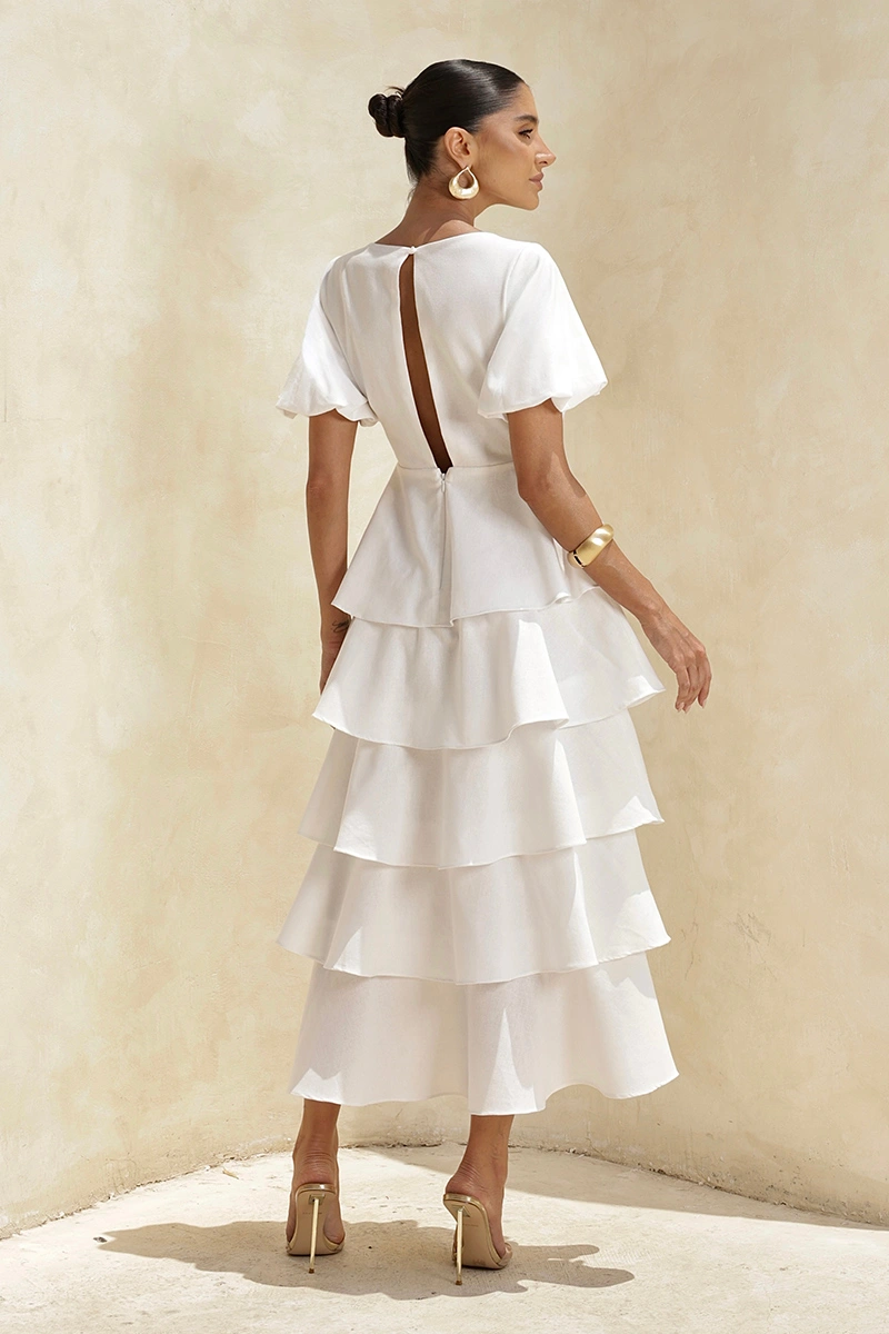 Dot Clothing - Dress Dot Clothing Daniela Midi frill Puff Sleeve Off White - 2928OFF