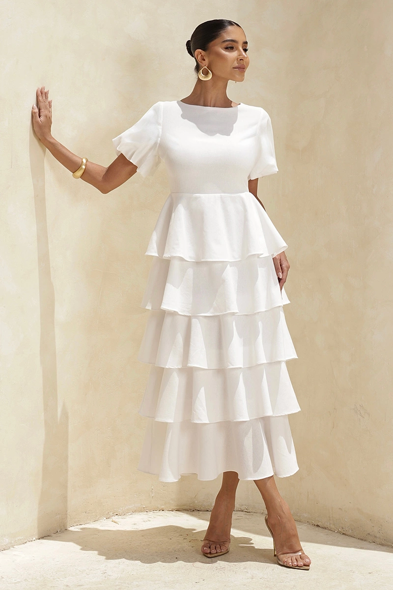 Dot Clothing - Vestido Dot Clothing Daniela Midi Babado Manga Bufante Off White - 2928OFF