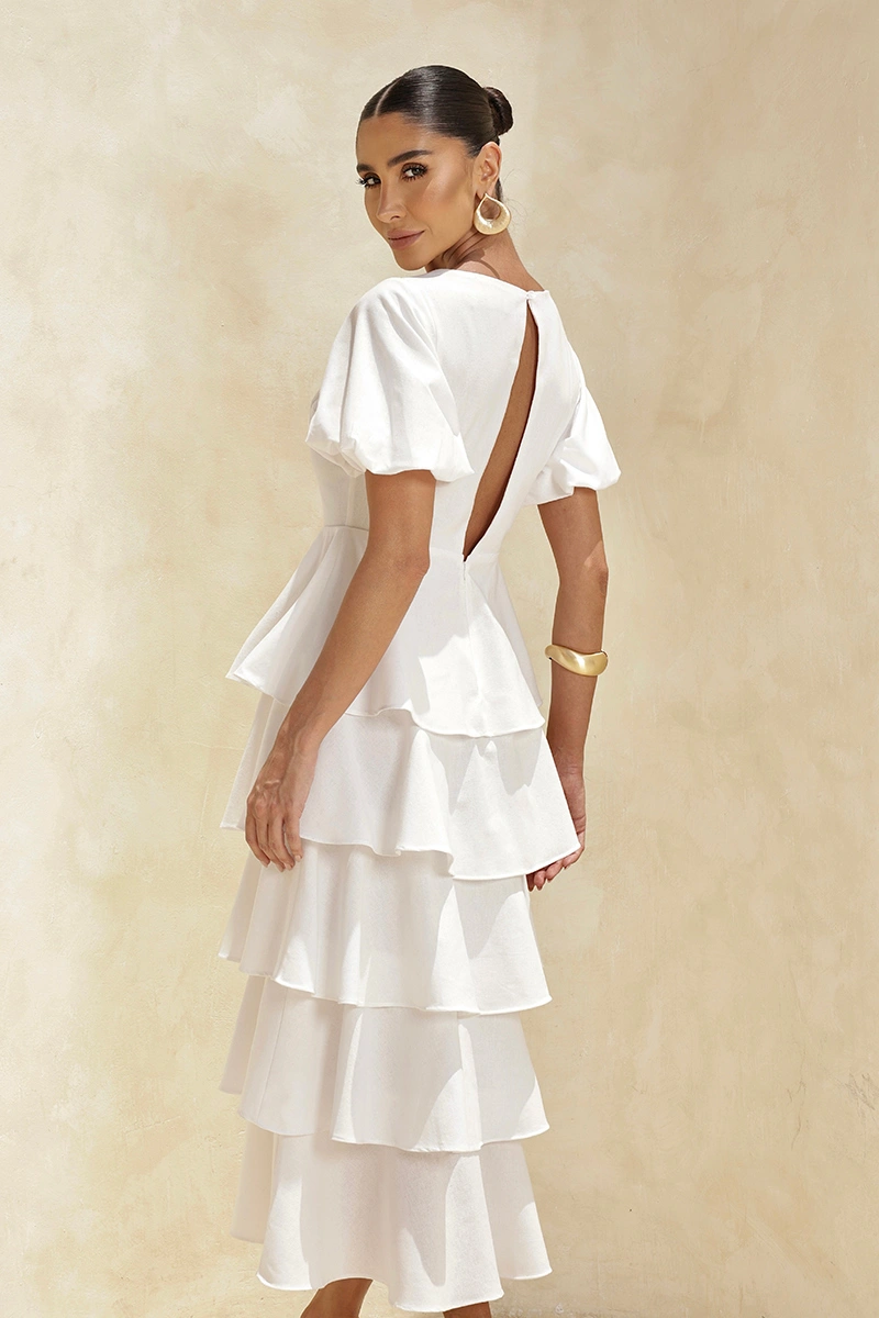 Dot Clothing - Dress Dot Clothing Daniela Midi frill Puff Sleeve Off White - 2928OFF