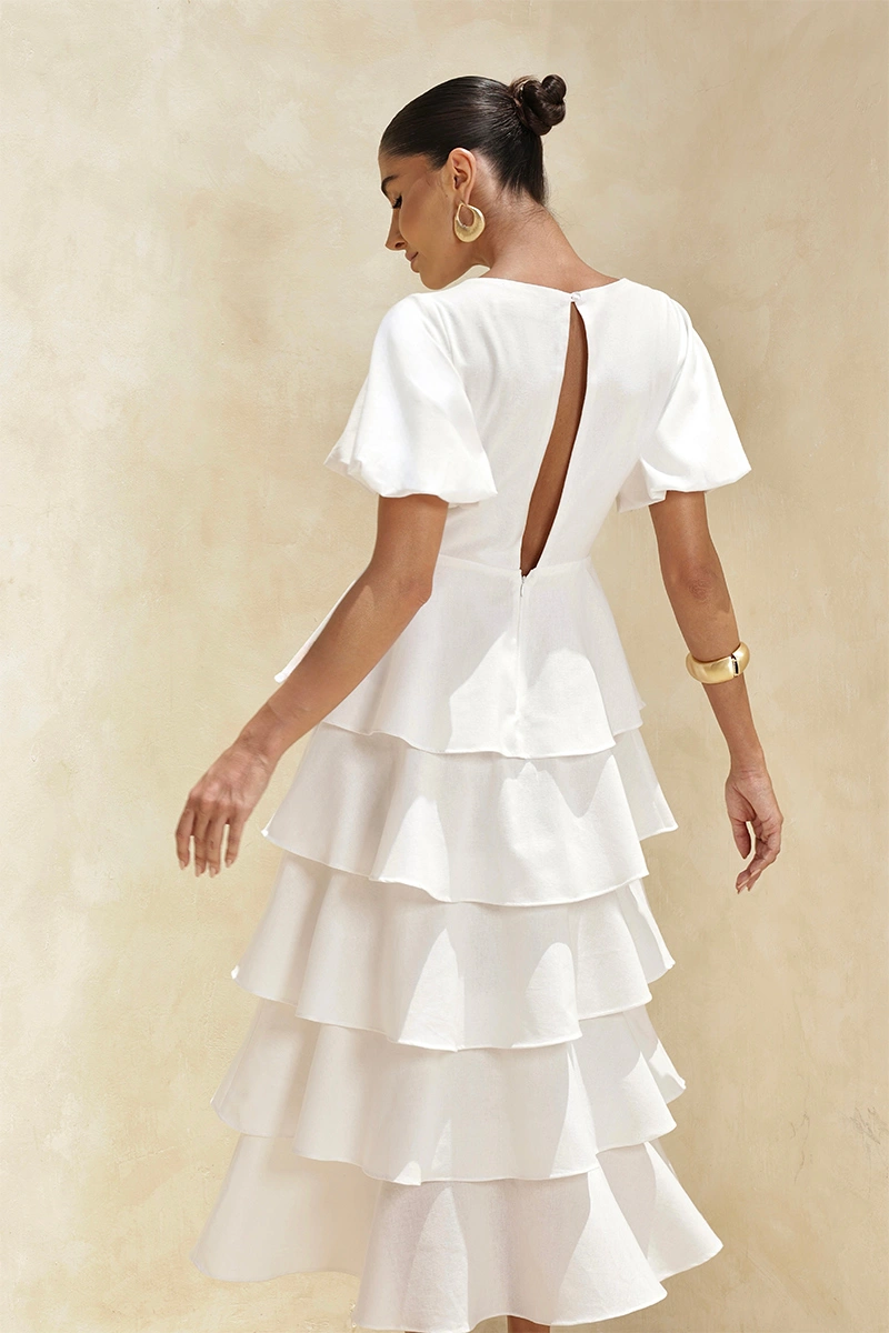 Dot Clothing - Dress Dot Clothing Daniela Midi frill Puff Sleeve Off White - 2928OFF