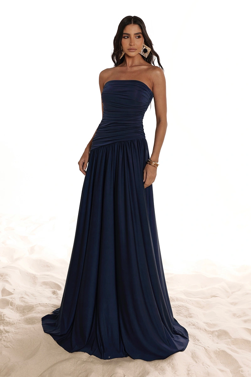 Dot Clothing - Nathalia Longo Dress with Draped Cape, Navy Blue - 2941AZUL