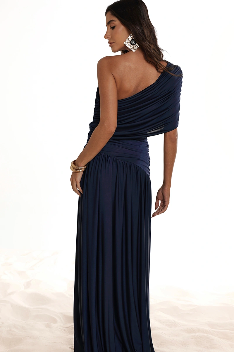 Dot Clothing - Nathalia Longo Dress with Draped Cape, Navy Blue - 2941AZUL