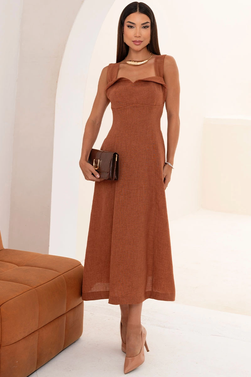 Miss Misses - Francisca Midi Dress with Wide Straps, Brown - 54759214