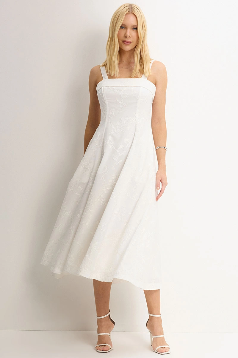 Miss Misses - Dress Loren needlework with strap, pocket, and zipper, white. - 54754005