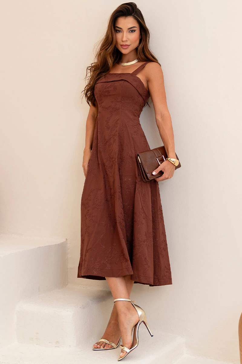 Miss Misses - Dress Loren needlework with strap, pocket, and zipper, brown. - 54754214