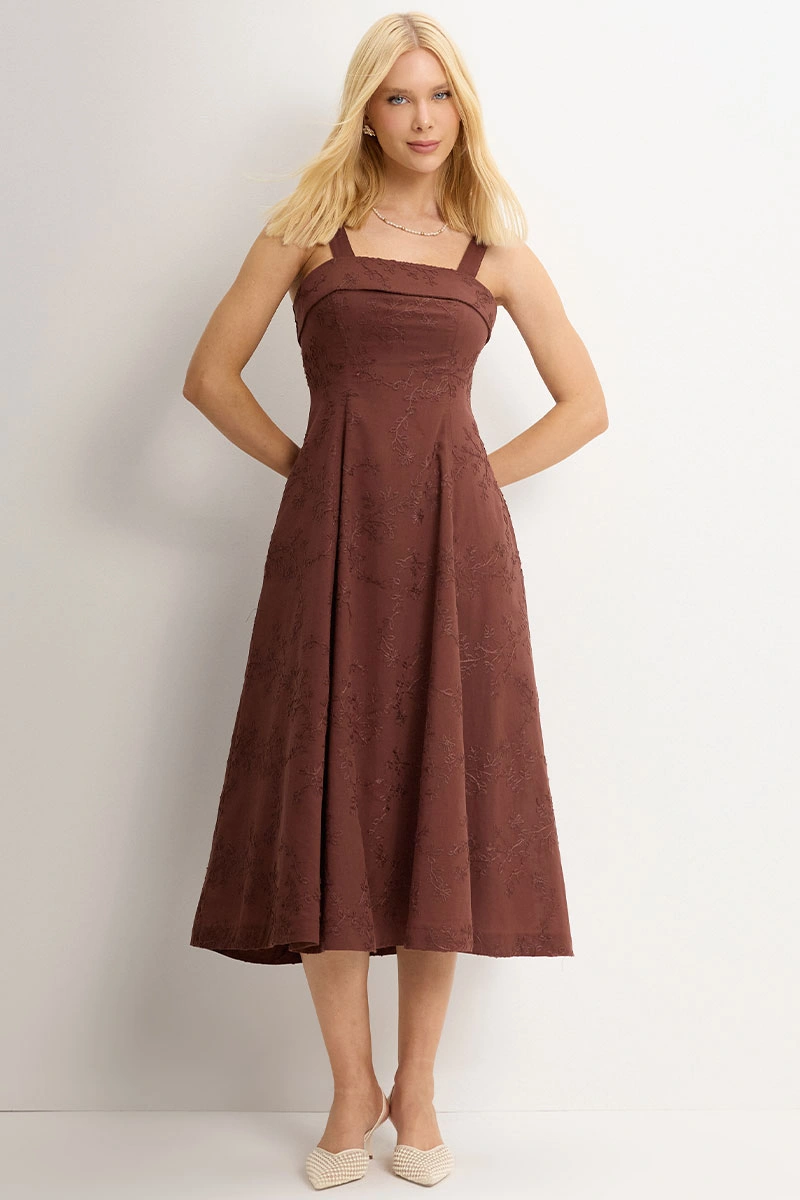 Miss Misses - Dress Loren needlework with strap, pocket, and zipper, brown. - 54754214