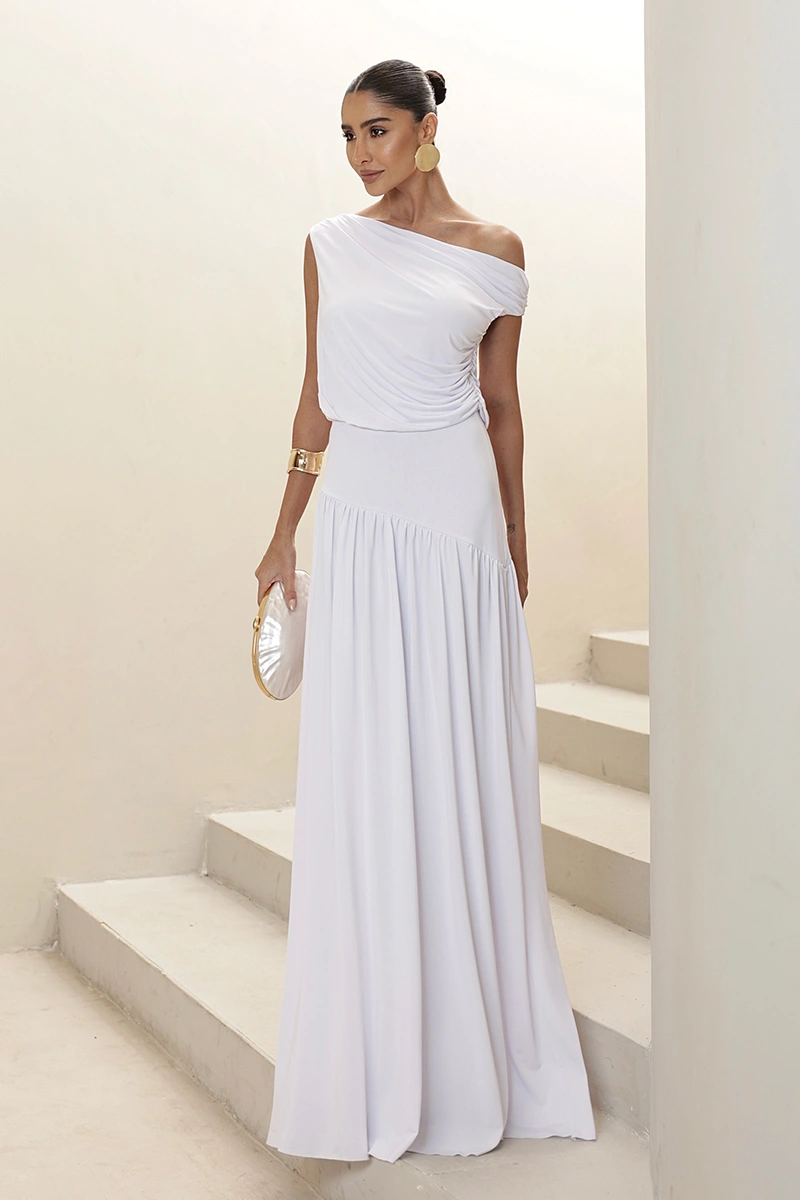 Dot Clothing - Vestido Dot Clothing Longo Layla Drapeado Assimétrico Off White - 2930OFF