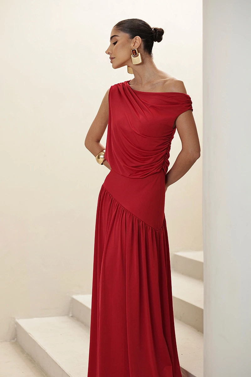 Dot Clothing - Dress Dot Clothing Longo Layla Draped Asymmetrical Red - 2930VERM