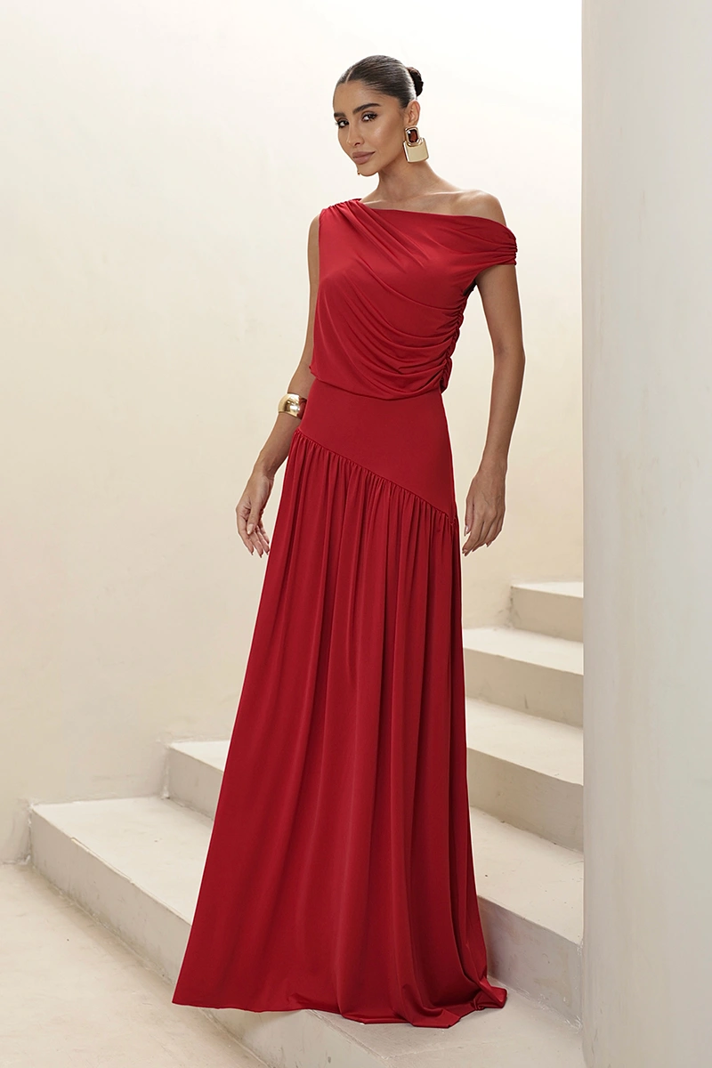 Dot Clothing - Vestido Dot Clothing Longo Layla Drapeado Assimétrico Vermelho - 2930VERM