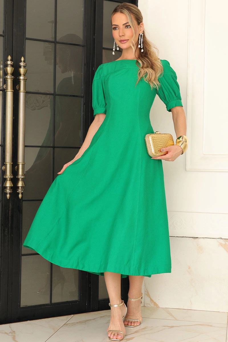 Miss Misses - Ohana Midi Dress with Short Sleeves, Pocket, and Zipper - Green - 54744023