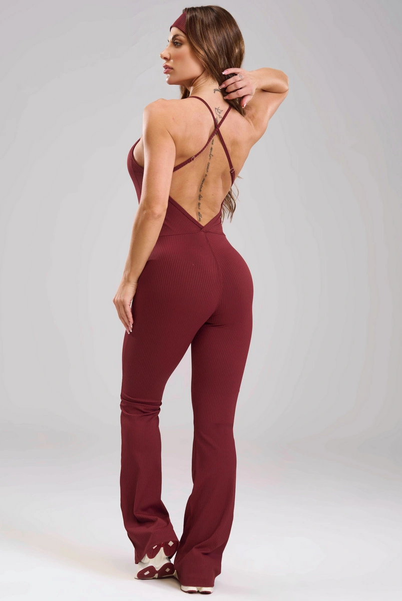 Lets Gym - Macacão Flare Comfort Rib Burgundy - 2985BG