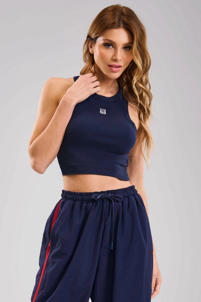 Lets Gym - Cropped Ribbed Basic Navy Blue - 3245NB