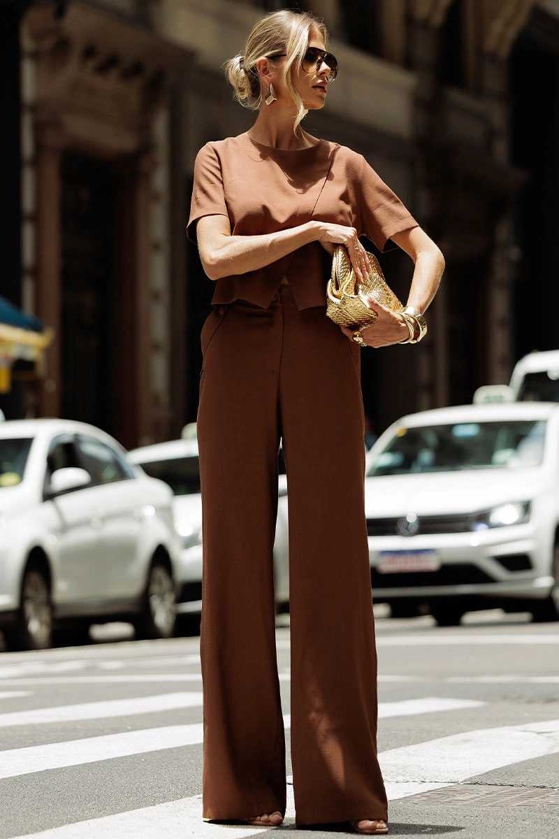 Miss Misses - Graça Tailored Trousers with Buttons, Brown - 54766214