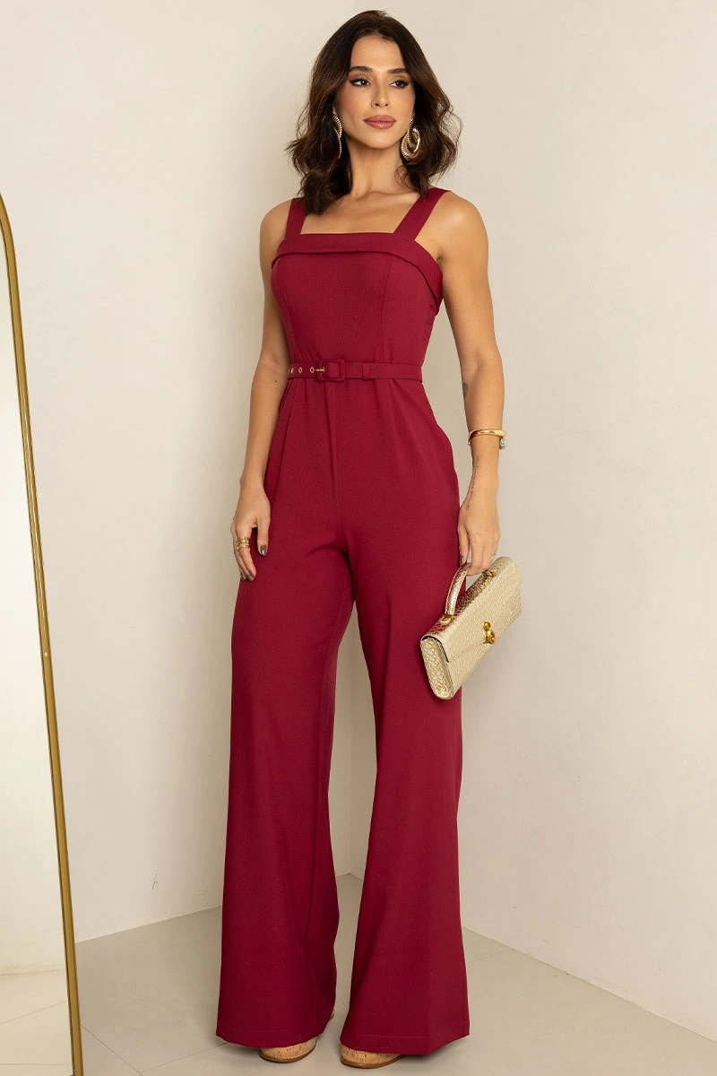 Miss Misses - Kesia Long Jumpsuit with Detail and Belt, Wine Red - 54634006