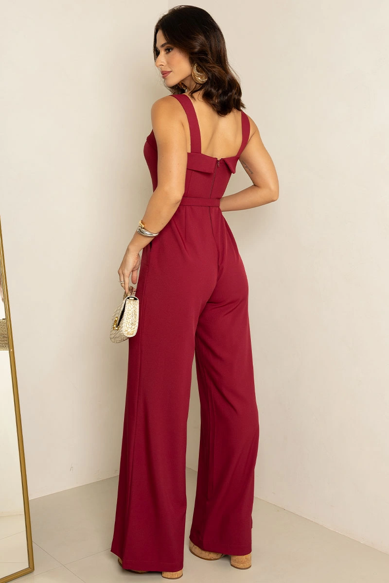 Miss Misses - Kesia Long Jumpsuit with Detail and Belt, Wine Red - 54634006
