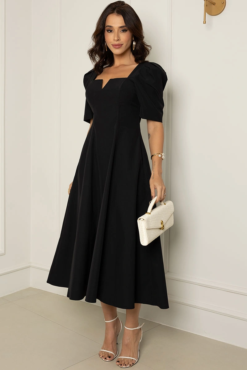 Miss Misses - Dafny Dress with VC Neckline/C-Sleeve/Pleat Black - 54724001