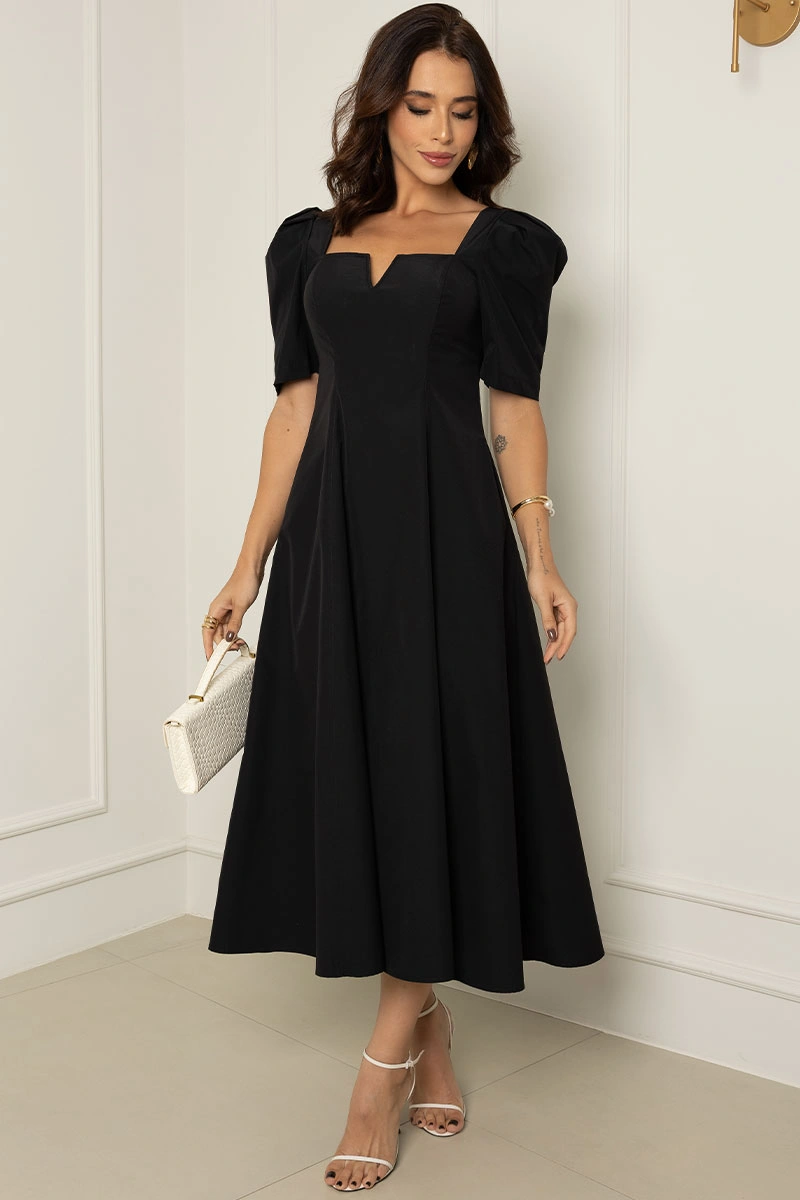 Miss Misses - Dafny Dress with VC Neckline/C-Sleeve/Pleat Black - 54724001
