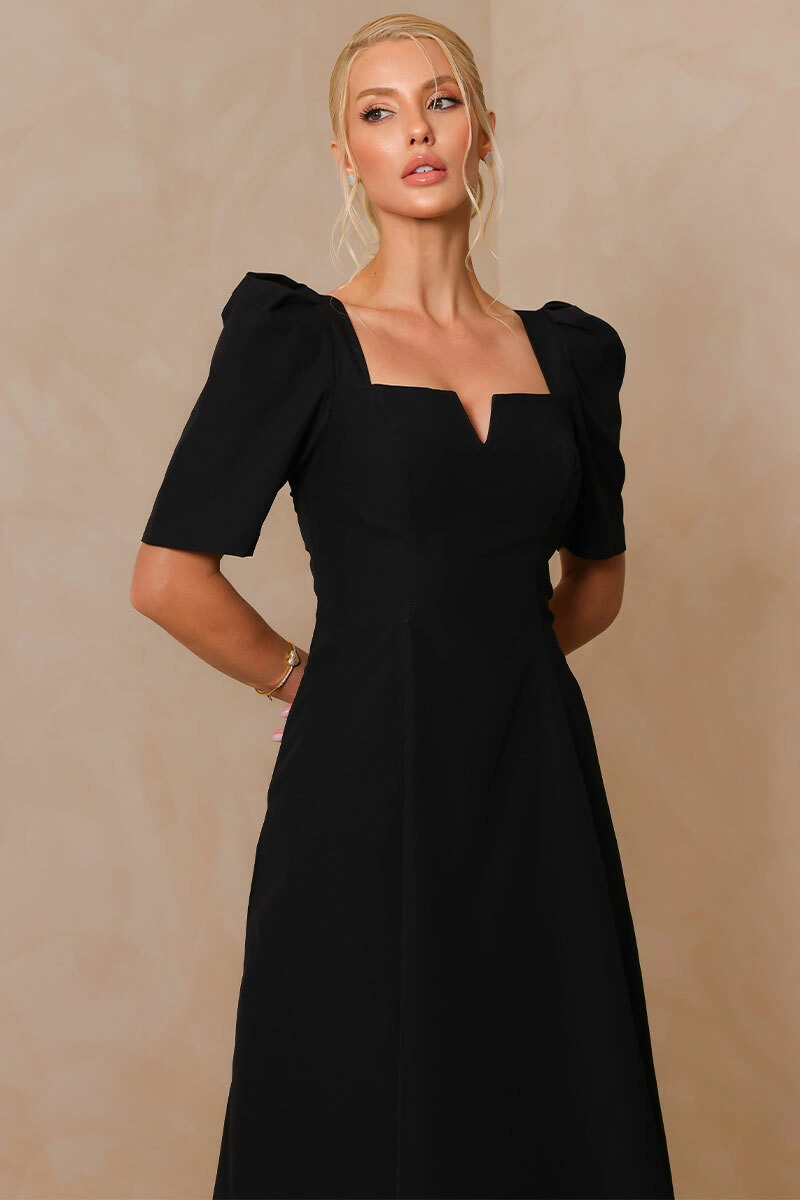 Miss Misses - Dafny Dress with VC Neckline/C-Sleeve/Pleat Black - 54724001
