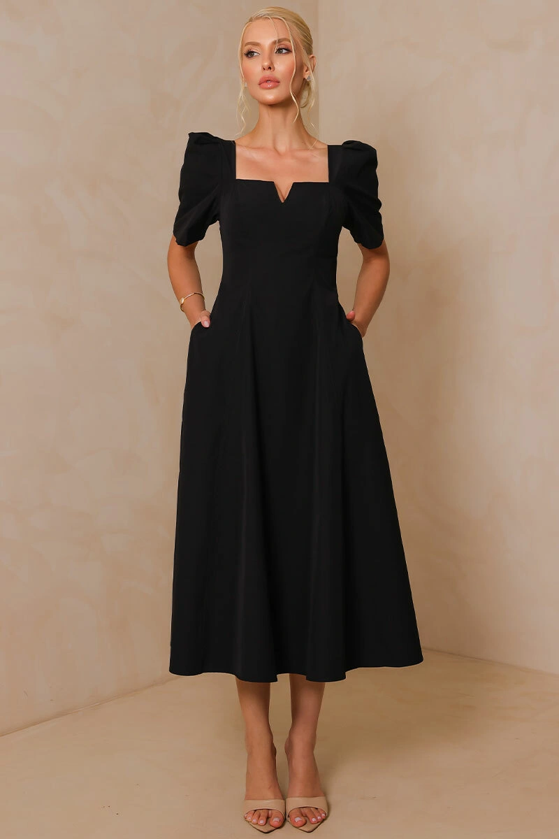 Miss Misses - Dafny Dress with VC Neckline/C-Sleeve/Pleat Black - 54724001