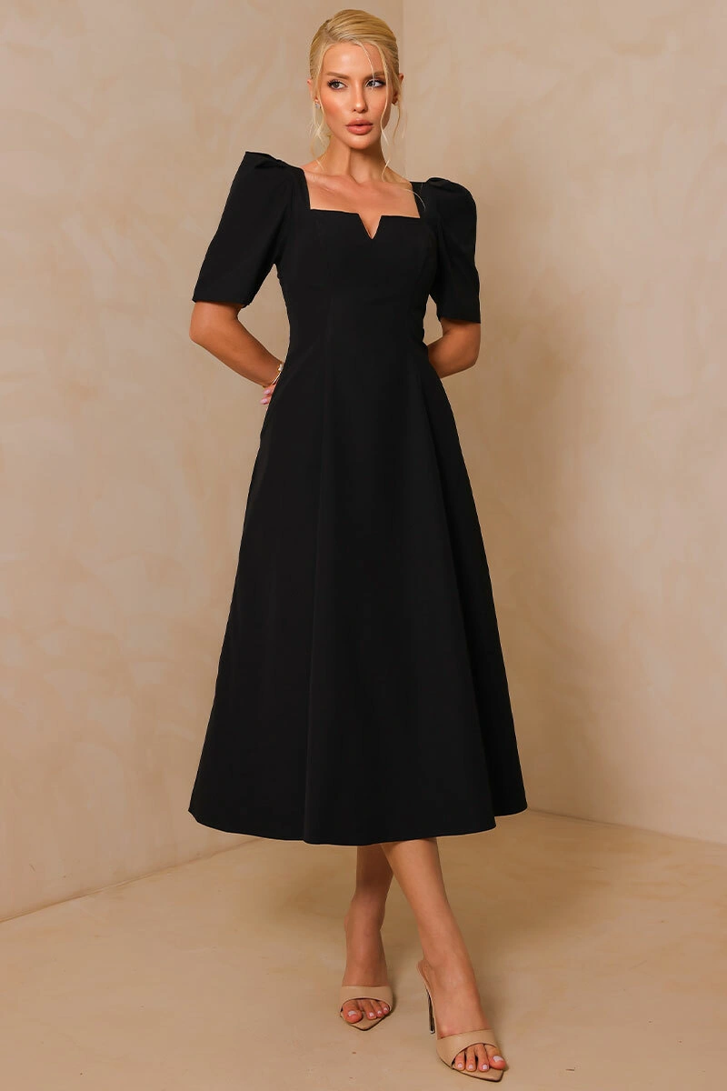 Miss Misses - Dafny Dress with VC Neckline/C-Sleeve/Pleat Black - 54724001