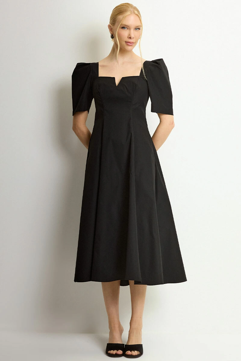 Miss Misses - Dafny Dress with VC Neckline/C-Sleeve/Pleat Black - 54724001