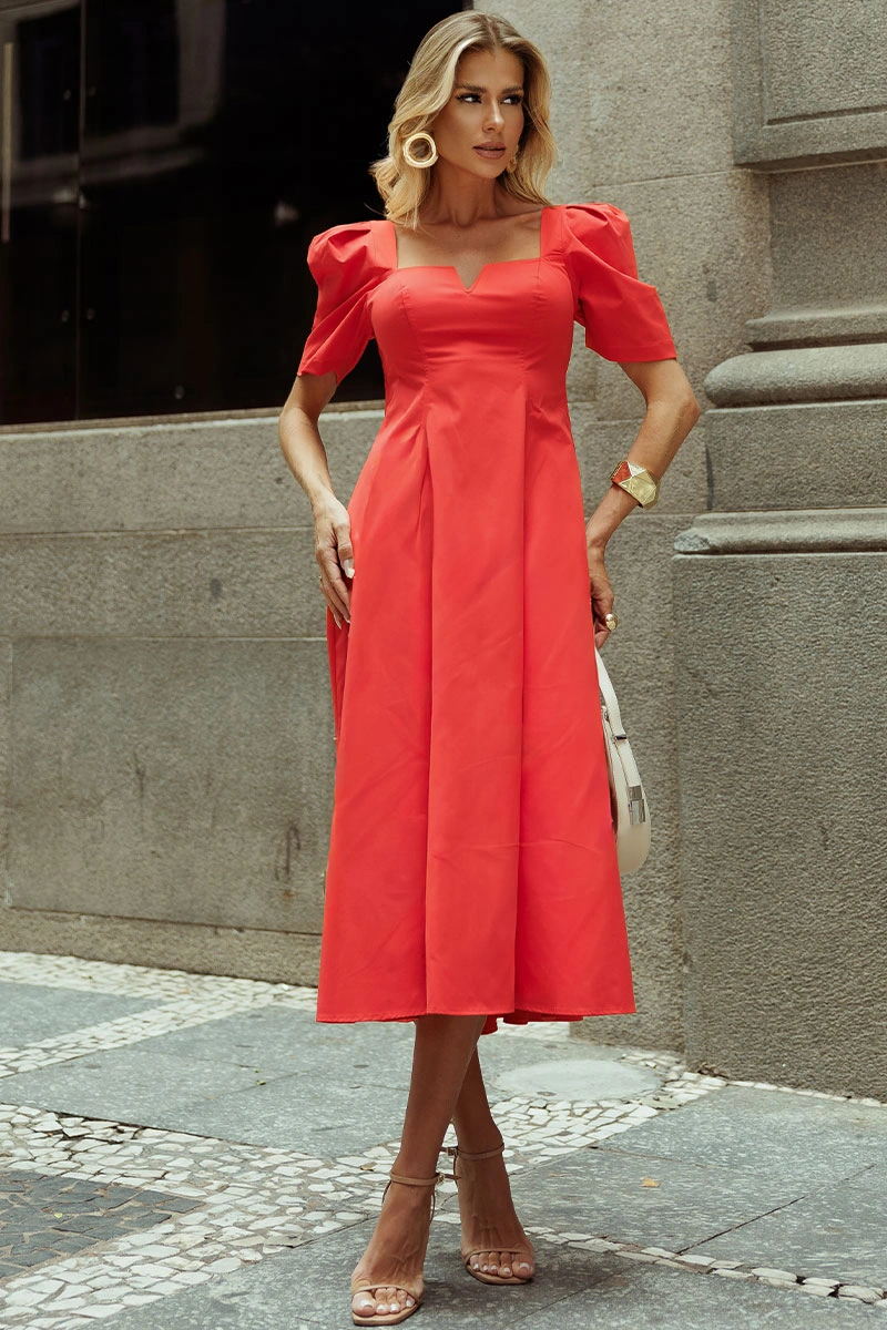 Miss Misses - Dafny Dress with V-neck/C-sleeve/Pleat, Red - 54724024