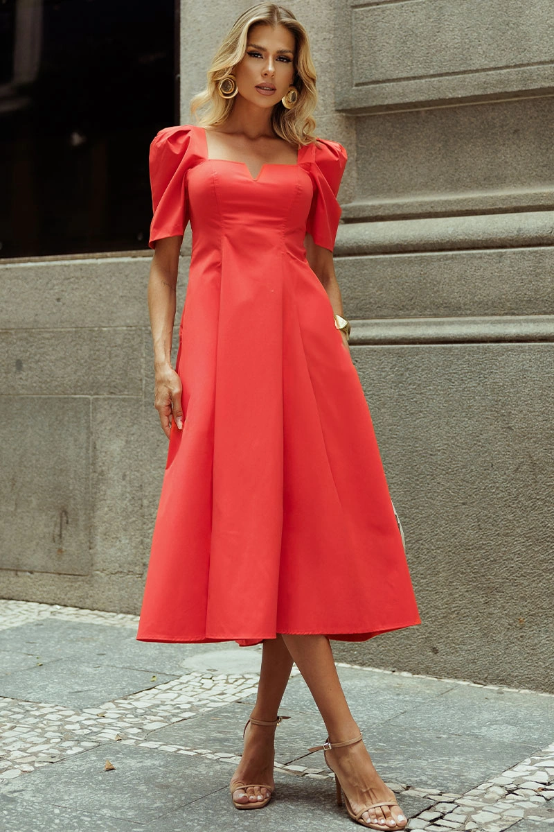 Miss Misses - Dafny Dress with V-neck/C-sleeve/Pleat, Red - 54724024