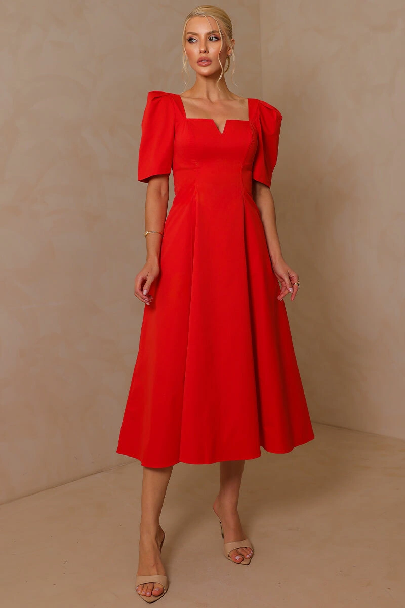 Miss Misses - Dafny Dress with V-neck/C-sleeve/Pleat, Red - 54724024