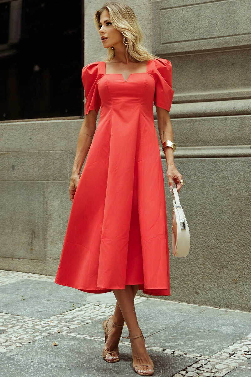 Miss Misses - Dafny Dress with V-neck/C-sleeve/Pleat, Red - 54724024