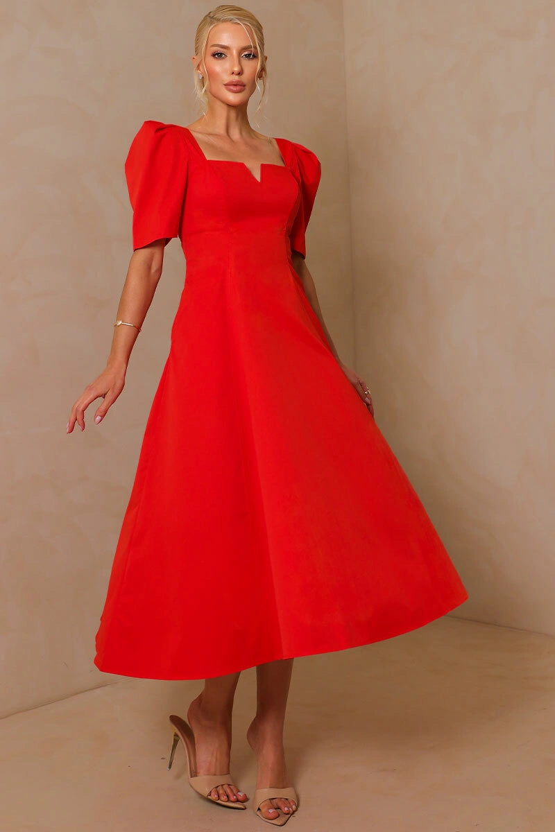 Miss Misses - Dafny Dress with V-neck/C-sleeve/Pleat, Red - 54724024
