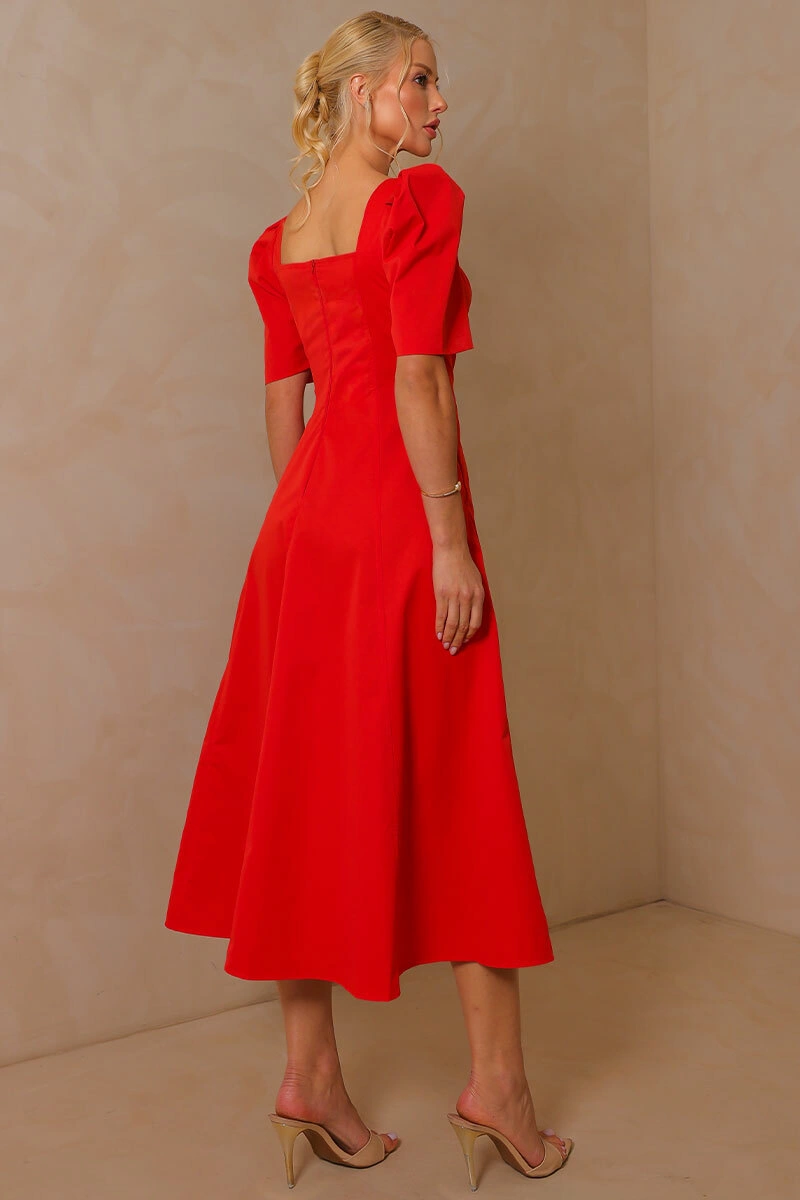 Miss Misses - Dafny Dress with V-neck/C-sleeve/Pleat, Red - 54724024