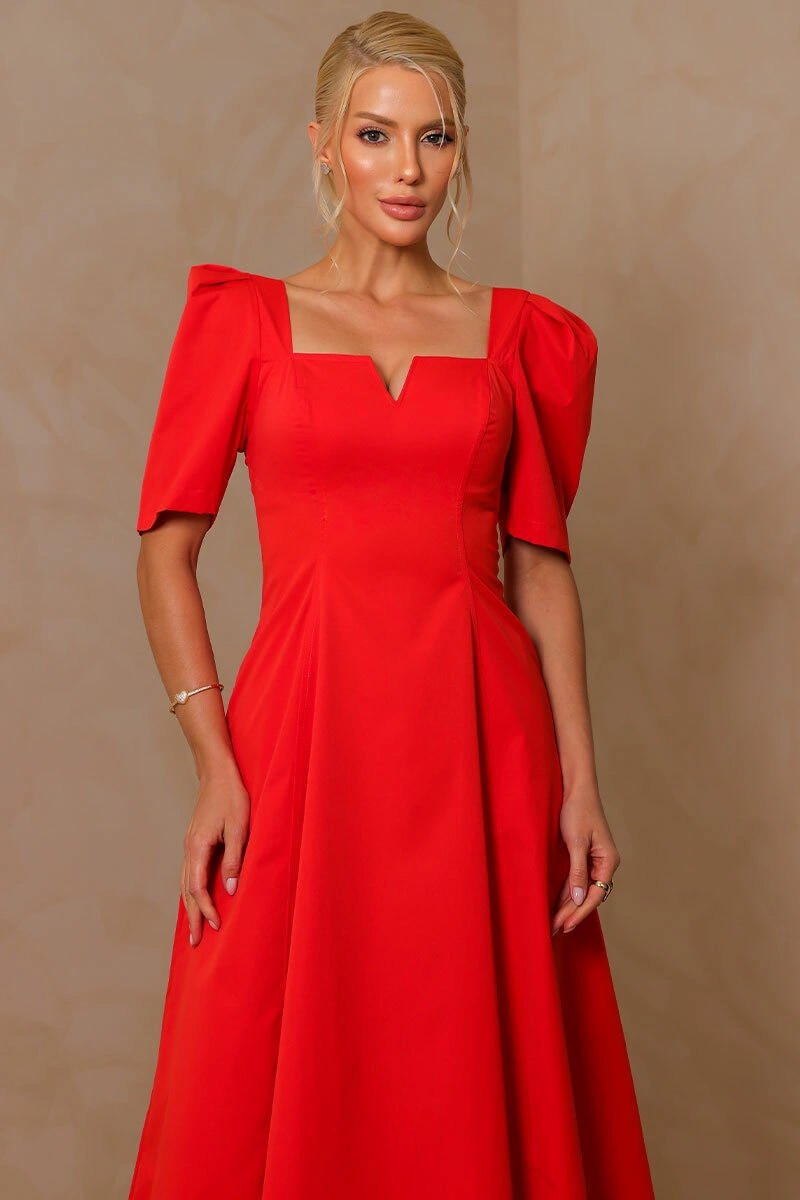 Miss Misses - Dafny Dress with V-neck/C-sleeve/Pleat, Red - 54724024